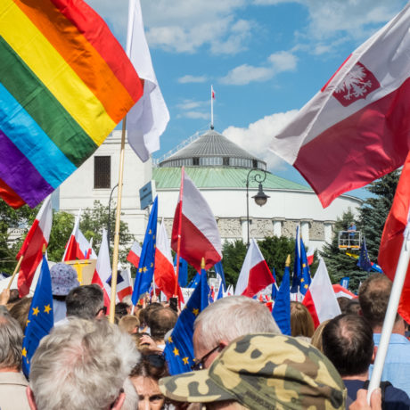 Demonstrations in Poland in July 2017 against a new law that gives the government authority over the court.