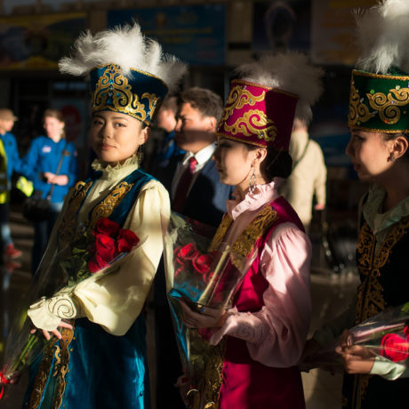 Girls in traditional costumes in Kazakhstan.